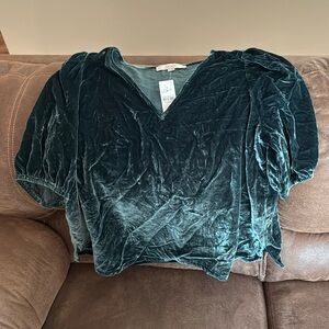 Loft Green Velvet Puff Sleeve Blouse